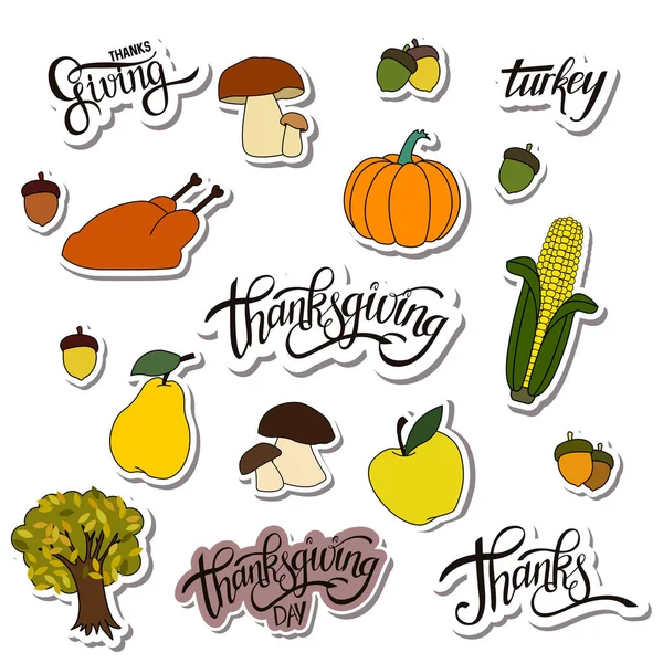 Happy Thanksgiving Day Handgeschriebenen Schriftzug Hintergrunddesign Mit Feiertags Aufkleber Objekte — Stockvektor