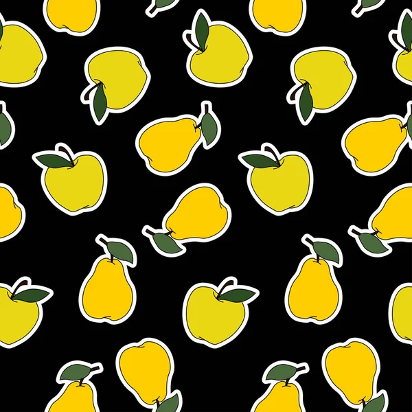 Pears Apples Sticker Vector Seamless Pattern Vector Cartoon Illustration Black — Stock Vector