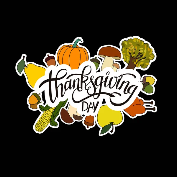 Mutlu Şükran günü el yazısı harfler arka plan tasarımı siyah izole tatil etiketi nesne ile.