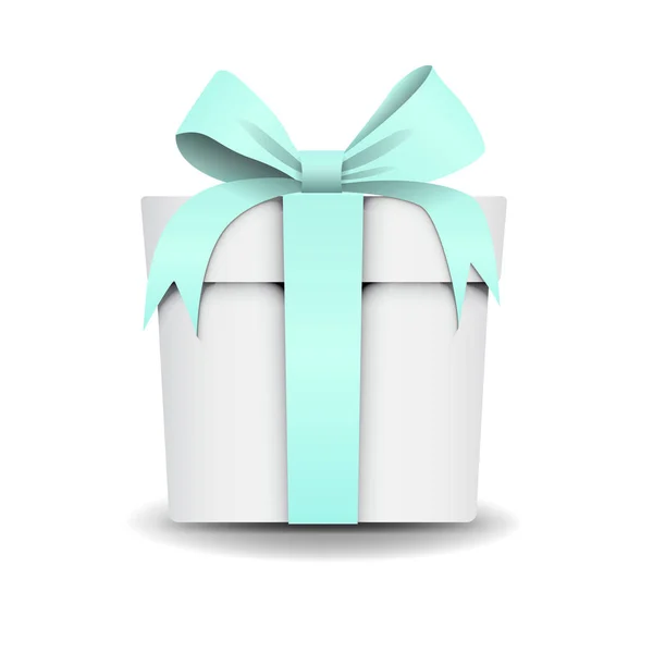 Square White Gift Box with Tiffany color, mint, light-green Ribbon and Bow Isolated on Background. Icon