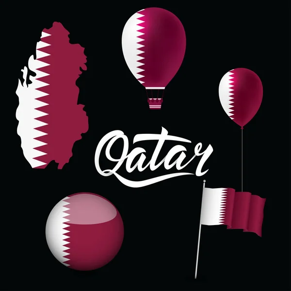 Qatar Color Nacional Mapa Globo Botón Iconos Bandera Aislados — Vector de stock