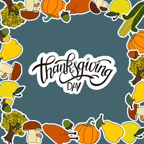 Happy Thanksgiving Day Handgeschriebenen Schriftzug Hintergrunddesign Mit Feiertagsaufkleber Objekte Einem — Stockvektor