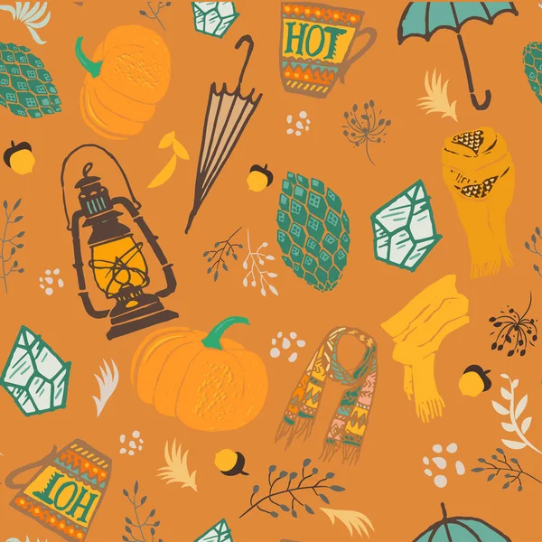Φθινόπωρο Χωρίς Ραφή Πρότυπο Vector Εικονογράφηση Handdrawn Σκετσάκια Πορτοκαλί Κολοκύθα — Διανυσματικό Αρχείο