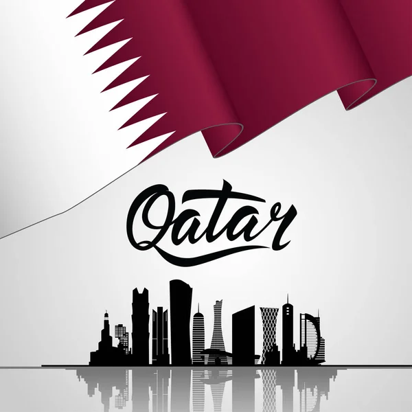 卡塔尔刻字 以国旗和城市剪影 现代建筑建筑 Bantings 和五彩纸屑 — 图库矢量图片