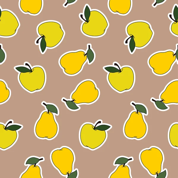 Pears Apples Sticker Vector Seamless Pattern Vector Cartoon Illustration Beige — Stock Vector