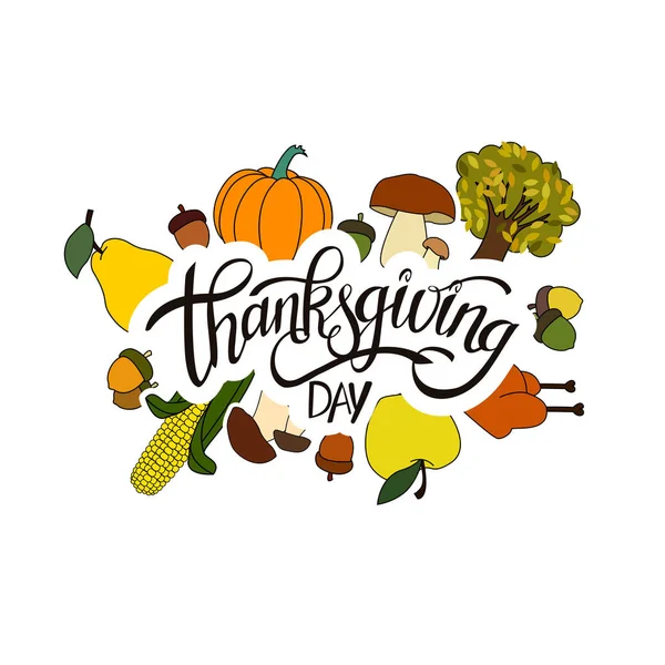 Happy Thanksgiving Day Handgeschriebenen Schriftzug Hintergrunddesign Mit Urlaub Aufkleber Objekte — Stockvektor