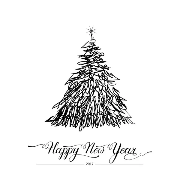 Feliz Año Nuevo Estilizado Decorativo Garabato Dibujado Mano Abeto Negro — Vector de stock
