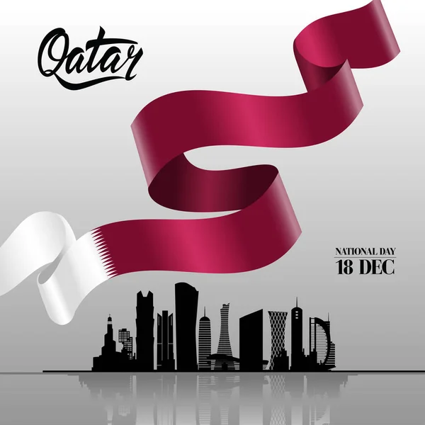 卡塔尔国庆日在 12月 以全国挥动的旗子和城市的剪影 现代建筑大厦 — 图库矢量图片