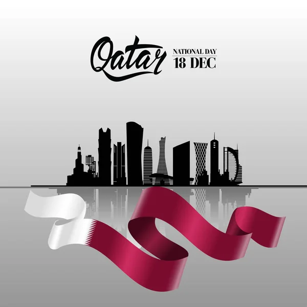 卡塔尔国庆日在 12月 以全国挥动的旗子和城市的剪影 现代建筑大厦 — 图库矢量图片