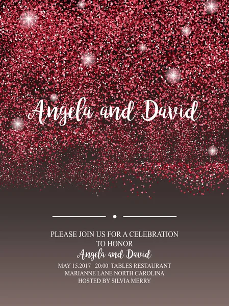 Invitation for wedding, birthday, holidays with red confetti dots and sparkling banner. Text composition with splashes. Holiday and Elegant style. Vector Illustration