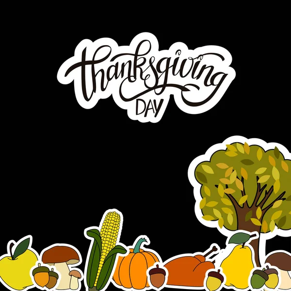 Glücklicher Erntedank Tag Handgeschriebenen Schriftzug Hintergrunddesign Mit Feiertagsaufkleber Objekte — Stockvektor
