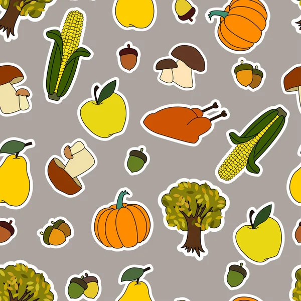 Pattern Theme Happy Thanksgiving Day Harvest Sticker Objects Corn Pumpkin — Stock Vector