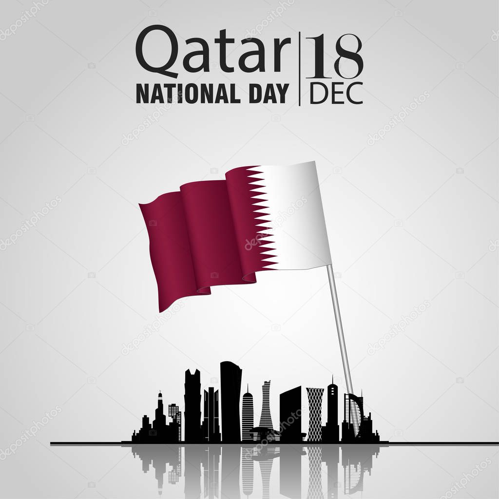 Qatar national day on 18-th december. With national flag and Silhouette of the City, Modern Architectural Buildings