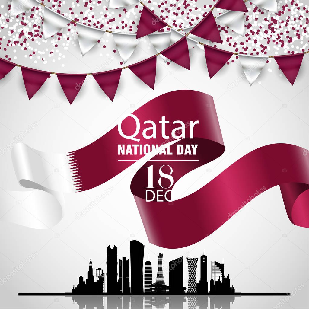 Qatar national day on 18-th december. With national waving flag and Silhouette of the City, Modern Architectural Buildings