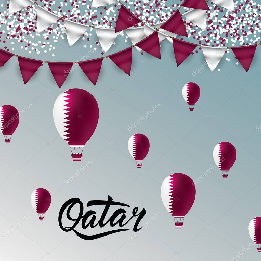 Qatar Lettering. With national flag colors Ballons and Bantings, with Confetti