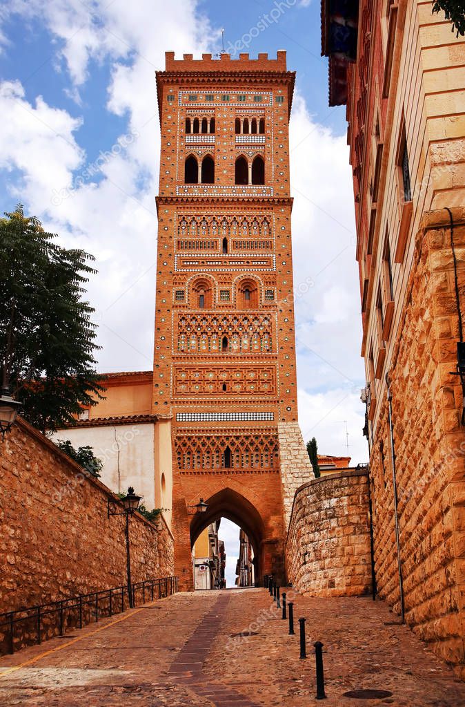 The Saint Martin's Tower (Torre de San Martin) - a medieval structure in  Mudejar style in Teruel, Aragon, eastern Spain. Popular tourist attraction in the center of old town.                              