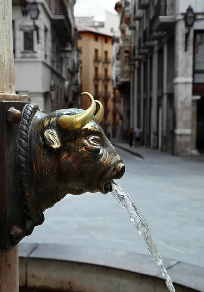 Torico 喷泉在特鲁埃尔广场的卡洛斯堡广场 位于西班牙东部的阿拉贡市 与青铜公牛头的喷泉细节特写 选择焦点 — 图库照片