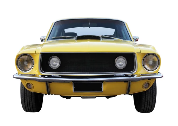 Velho Amarelo Retro Carro Vista Frontal Contra Fundo Branco — Fotografia de Stock