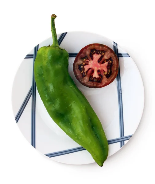 Stilleben Med Hälften Rödaktig Brun Kumato Tomat Och Paprika Vackra — Stockfoto