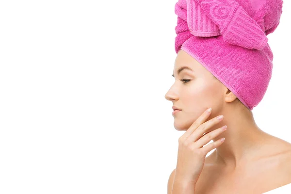 Girl in pink towel on head isolated on white — Stock Photo, Image