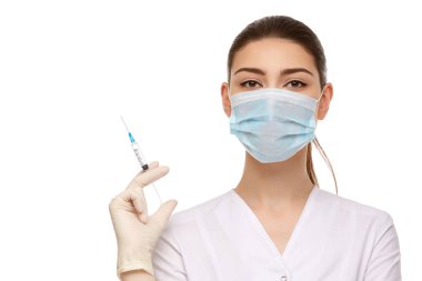 Lastik eldiven üzerinde beyaz izole kadın doktor