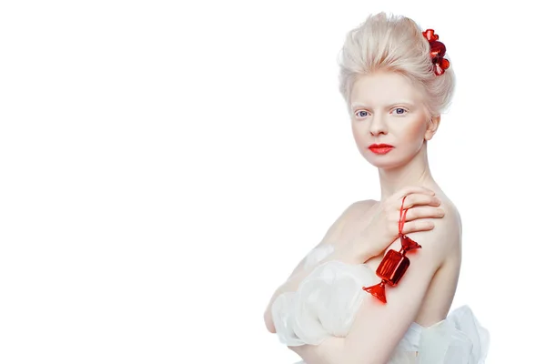 Beautiful albino girl with red lips — Stock Photo, Image