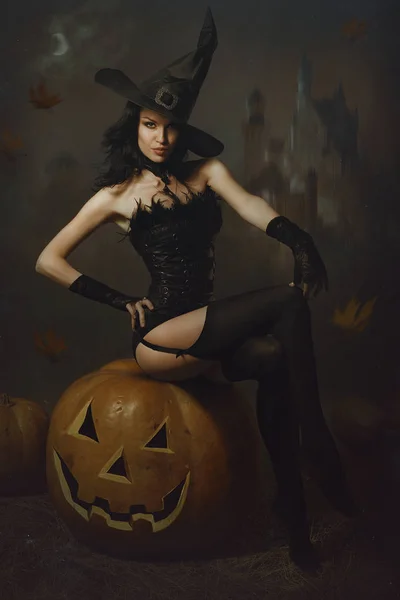 Dívka Halloween Kostýmu Dýně — Stock fotografie
