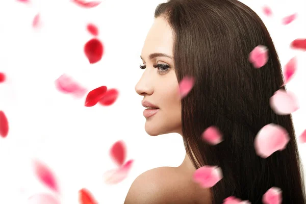 Beautiful Girl Rose Petals Light Background — Stock Photo, Image