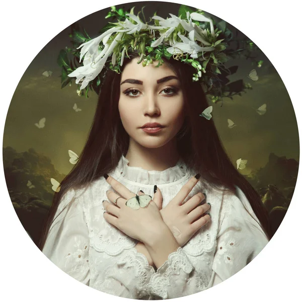 Fej Lány Pillangó Szürrealizmus Egy Gyönyörű Lány Portréja Szürrealizmus Számítógép — Stock Fotó