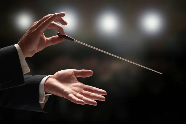 Dirigent Dirigent Van Een Orkest Met Publiek Achtergrond — Stockfoto
