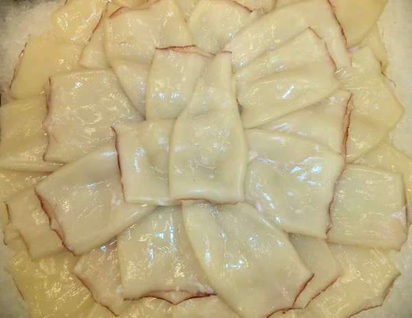 Filetto Calamaro Fresco Refrigerato Pezzi Ghiaccio — Foto Stock