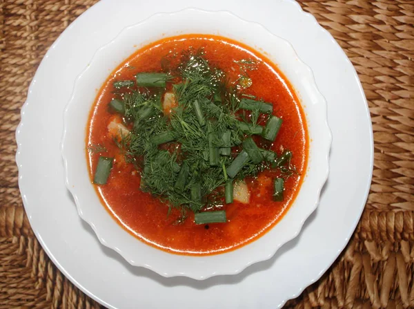 Frische Russische Suppe Mit Grünem Gemüse Nahaufnahme — Stockfoto