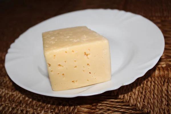 Piece Fresh Cheese White Plate — Stock Photo, Image