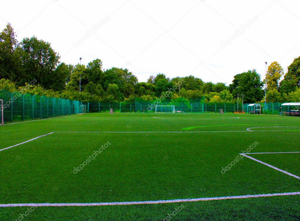 football field with green lawn in the Park