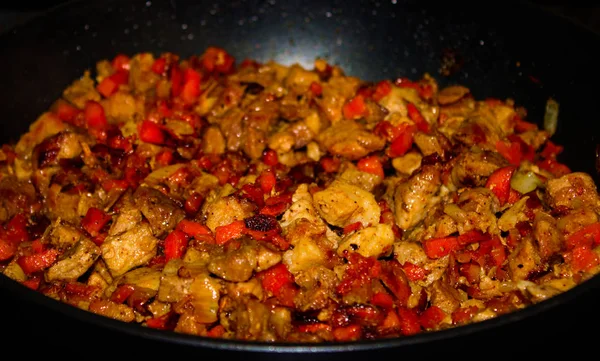 Fritti Con Verdure Pezzi Carne Una Padella — Foto Stock