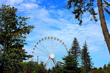 Mavi gökyüzü ve bulutlara karşı ağaç tepelerinin arkasında dönme dolap