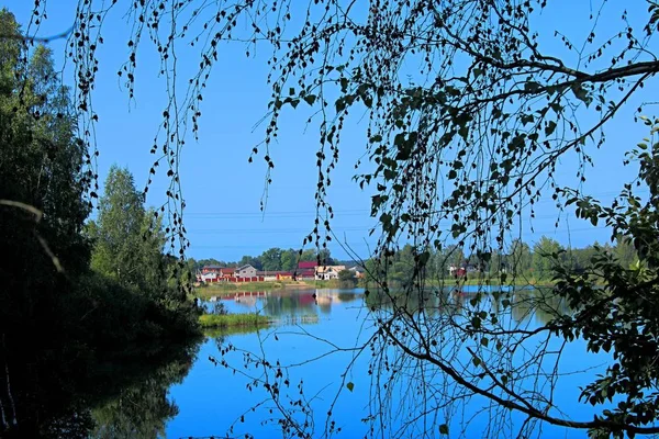 Vista Lagoa Aldeia Através Folhagem Das Árvores — Fotografia de Stock