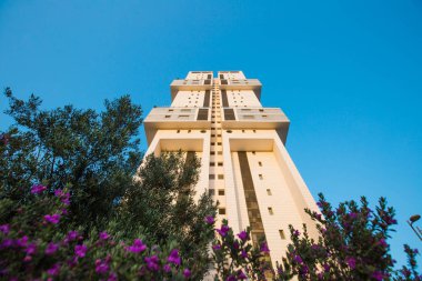 Rishon Le Zion, İsrail-23 Nisan 2018: yüksek Konut Binası ve bunun yanında güzel mor çiçekler Rishon Lezion, İsrail'in bir çalı.