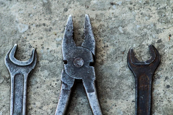 Mechanic tools. Authentic tools. Set of different garage tools.