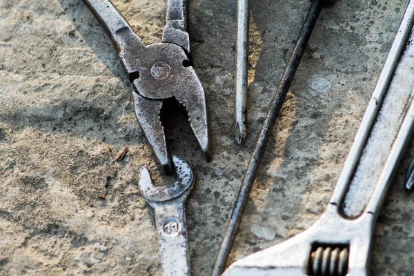 Mechanic tools. Authentic tools. Set of different garage tools.