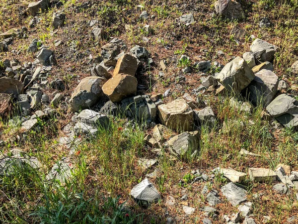 Batu besar, batu paving di tanah, rumput hijau dekat jalan. Tutup tembakan . — Stok Foto