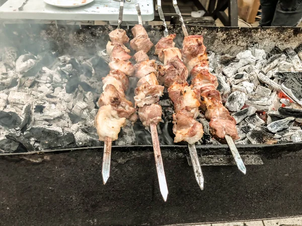 Marine şaşlık bir Barbekü ızgara üzerinde kömür hazırlama. Yığılmış et şiş kebap Gürcistan içinde popüler kavrulmuş. Gürcistan'daki geleneksel mutfağı