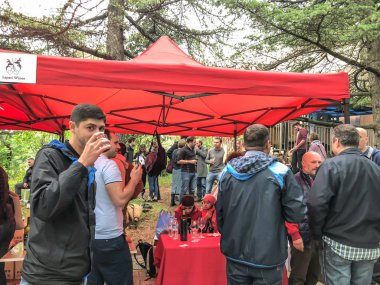 Tiflis, Gürcistan - 12 Mayıs 2018: Gürcüce Festivali şarap ve şarap füniküler Tiflis, Gürcistan'daki üzerinde Mtatsminda Park yapımı.