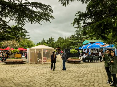 Tiflis, Gürcistan - 12 Mayıs 2018: Gürcüce Festivali şarap ve şarap füniküler Tiflis, Gürcistan'daki üzerinde Mtatsminda Park yapımı