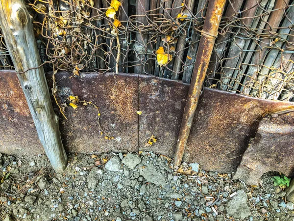 Mesh logam dan pagar kayu dengan wicket ditumbuhi semak-semak ivy. Tutup tembakan — Stok Foto