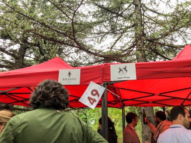 Tiflis, Gürcistan - 12 Mayıs 2018: Gürcüce Festivali şarap ve şarap füniküler Tiflis, Gürcistan'daki üzerinde Mtatsminda Park yapımı