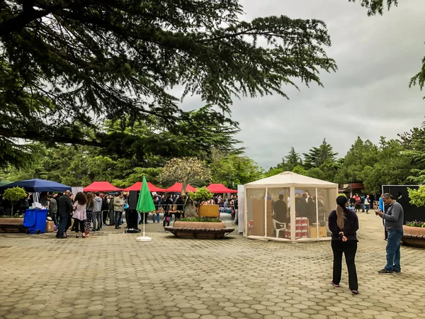 Tbilisi, Gruzja - 12 maja 2018: Festiwal gruzińskiego wina i winiarstwa w Mtatsminda Park na kolejki w Tbilisi, Gruzja — Zdjęcie stockowe