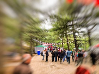 Tiflis, Gürcistan - 12 Mayıs 2018: Gürcüce Festivali şarap ve şarap füniküler Tiflis, Gürcistan'daki üzerinde Mtatsminda Park yapımı. Blure etkisi.