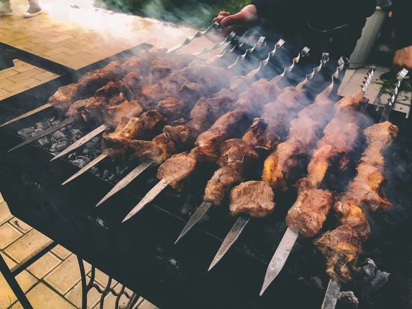 Mcvadi Shashlik Préparant Sur Barbecue Charbon Bois Cuisine Traditionnelle Viande — Photo