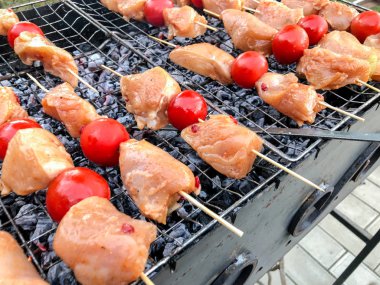 Barbekü tavuk eti ile sebze kömürlerin üzerinde. Izgara sebzeli tavuk şiş 